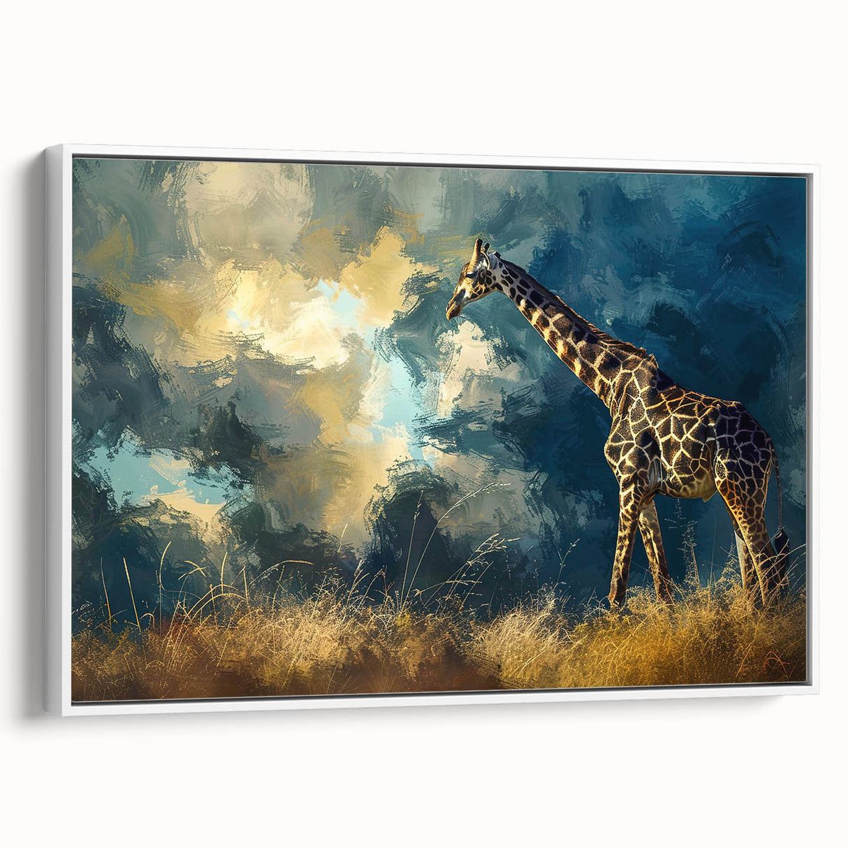 Framed wall art featuring a side view of a graceful giraffe in a minimalist design, perfect for enhancing modern home decor with a touch of wildlife elegance.