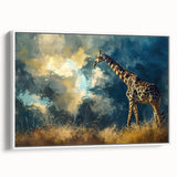 Framed wall art featuring a side view of a graceful giraffe in a minimalist design, perfect for enhancing modern home decor with a touch of wildlife elegance.
