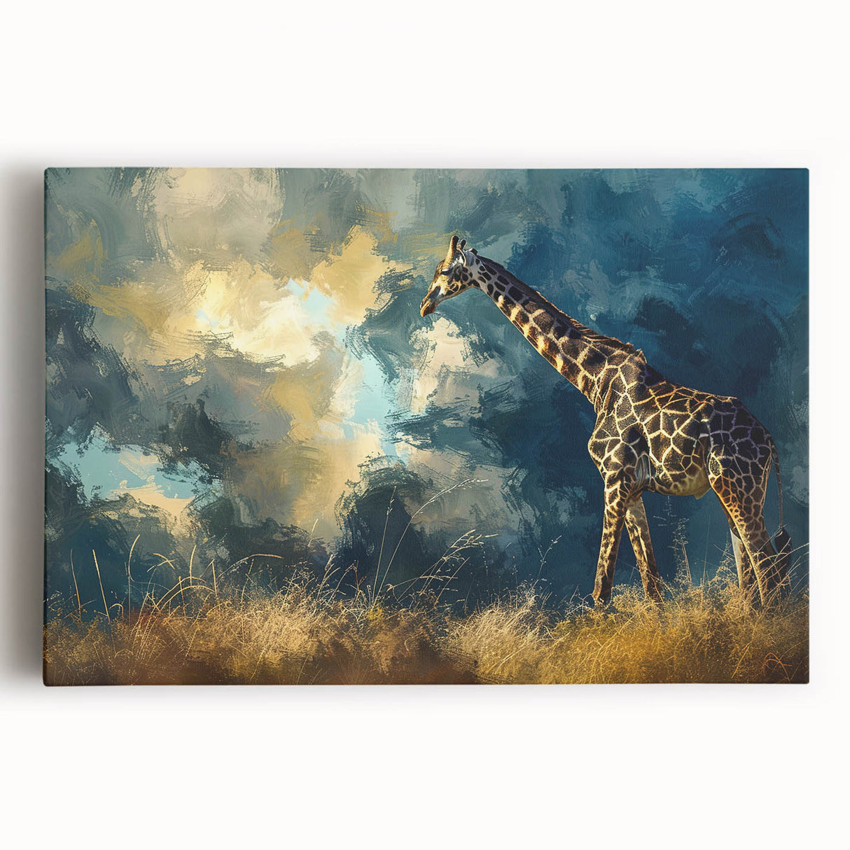 Front view of a vibrant giraffe wall art design on stretched canvas, showcasing vivid colors and intricate details, perfect for wildlife-themed decor.