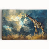 Front view of a vibrant giraffe wall art design on stretched canvas, showcasing vivid colors and intricate details, perfect for wildlife-themed decor.