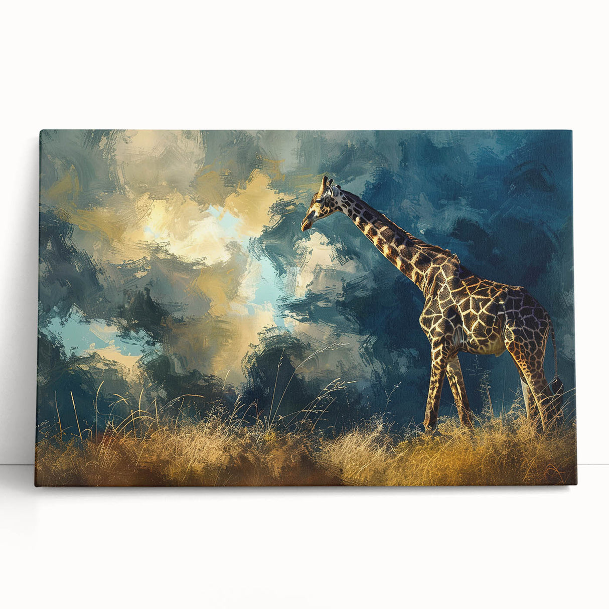 Stretched canvas wall art showcasing a vibrant giraffe design in a lush savanna setting, perfect for adding a touch of wildlife elegance to home decor.