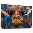 Side view of a giraffe wall art design on acrylic glass, showcasing vibrant colors and intricate details, ideal for wildlife enthusiasts' home decor.