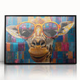Framed wall art featuring a striking giraffe design, showcasing intricate details and vibrant colors on a black background, perfect for wildlife enthusiasts and home decor.