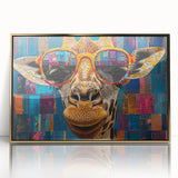 Framed wall art featuring a striking front view of a giraffe against a gold-accented background, perfect for wildlife enthusiasts and modern decor.