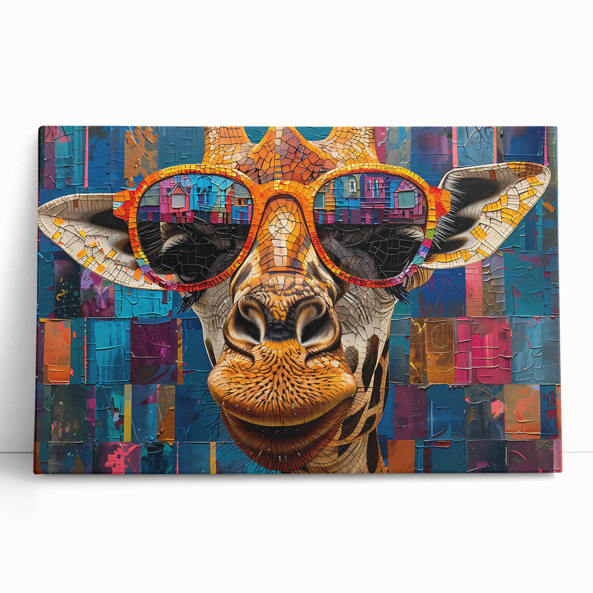 Giraffe wall art design on stretched canvas, showcasing vibrant colors and intricate details, ideal for wildlife-themed decor or animal lovers' collections.