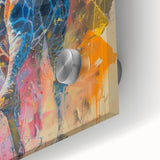 Close-up of a vibrant giraffe wall art piece, showcasing intricate details and rich colors on acrylic glass, perfect for wildlife enthusiasts and modern decor.