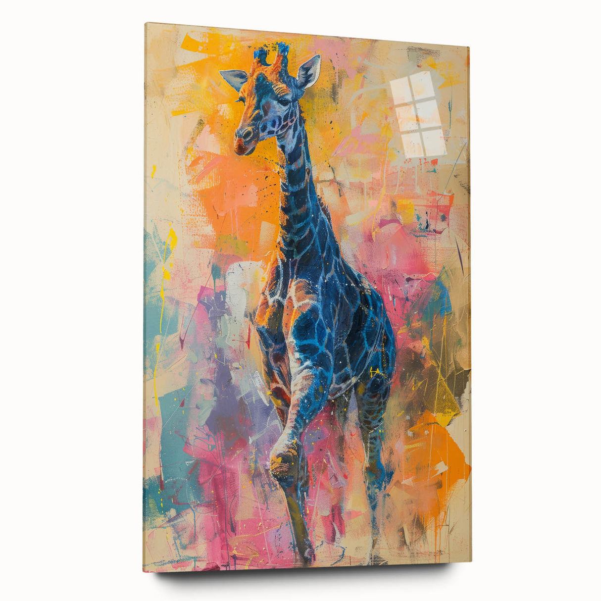 Acrylic glass wall art showcasing a vibrant side view of a giraffe against a colorful abstract background, perfect for animal lovers and modern decor.