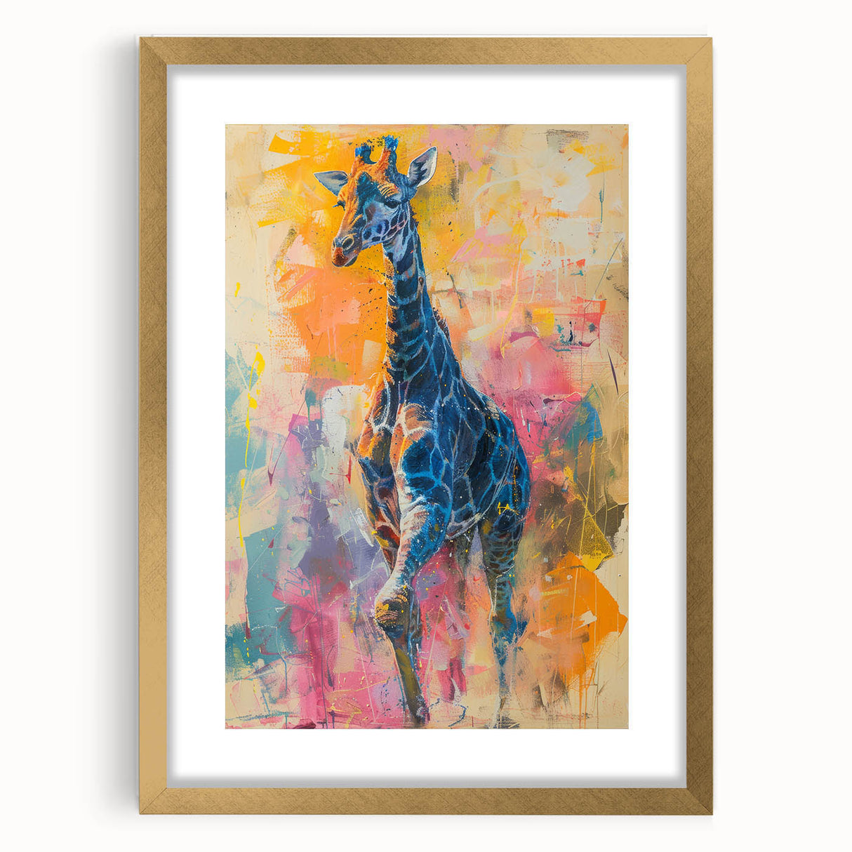 Giraffe-themed wall art print featuring an elegant gold frame and mat, showcasing a vibrant wildlife design ideal for home decor, nursery, or office spaces.