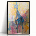 Framed wall art featuring a striking giraffe design in a modern black frame. This acrylic piece showcases vibrant colors and intricate details, perfect for animal lovers and home decor enthusiasts looking to add a touch of wildlife elegance to their space.