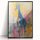 Framed wall art featuring a striking giraffe design in a modern black frame. This acrylic piece showcases vibrant colors and intricate details, perfect for animal lovers and home decor enthusiasts looking to add a touch of wildlife elegance to their space.
