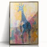 Framed wall art featuring a stunning front view of a giraffe, showcasing intricate details and a gold-acrylic finish, perfect for wildlife enthusiasts and home decor.