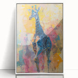 Framed wall art featuring a vibrant giraffe design, set against a white background, perfect for adding a touch of wildlife elegance to home decor.