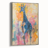 Framed canvas wall art featuring a side view of a majestic giraffe, set against a neutral background, showcasing intricate details and textures. Perfect for animal lovers and modern home decor.