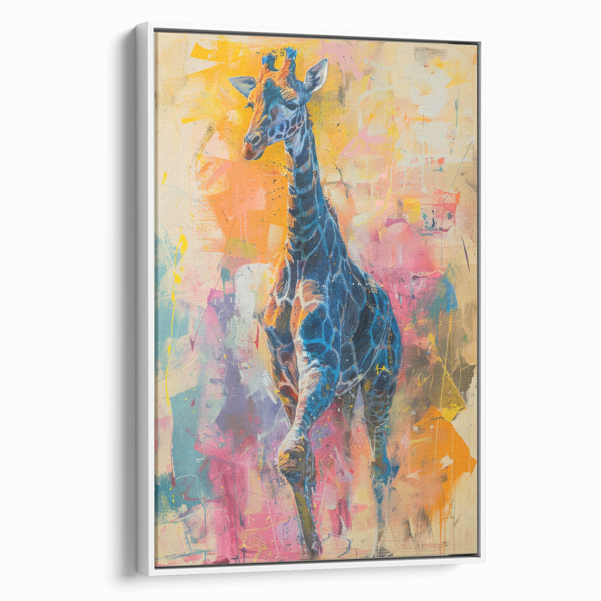 Framed wall art featuring a side view of a giraffe in a minimalist design, showcasing intricate details and earthy tones perfect for nature lovers' home decor.