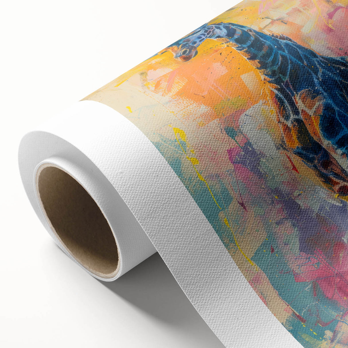 Giraffe wall art design on rolled canvas showcasing vibrant colors and intricate details, perfect for adding a touch of wildlife decor to any space.