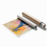 Vibrant giraffe wall art print showcasing a unique design featuring rich colors and intricate patterns, rolled for easy display and shipping, perfect for animal lovers.