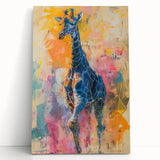 Giraffe-themed wall art design on stretched canvas, featuring vibrant colors and intricate details, perfect for adding a touch of wildlife elegance to home decor.