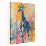 Side view of a stretched canvas wall art featuring a vibrant giraffe design, showcasing intricate details and bold colors, perfect for wildlife enthusiasts and home decor.