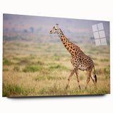 Giraffe wall art design in acrylic glass, showcasing a vibrant side view of the animal in a natural setting, perfect for wildlife enthusiasts and home decor.