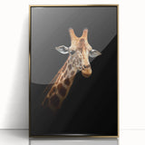 Framed wall art featuring a front view of a giraffe design in vibrant colors, set against a gold-accented background, perfect for animal lovers and home decor enthusiasts.