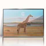 Framed wall art featuring a stunning giraffe design in a silver-acrylic finish, showcasing vibrant colors and intricate details, perfect for wildlife enthusiasts.