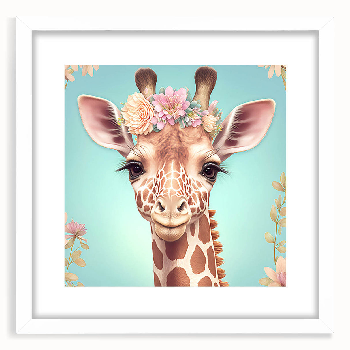 Framed wall art collection featuring a vibrant giraffe design, set against a white mat and frame, ideal for animal lovers and modern decor enthusiasts.
