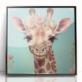 Framed wall art depicting a vibrant giraffe design against a black background, showcasing intricate details and bold colors, perfect for animal lovers' decor.