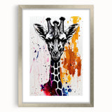 Giraffe-themed wall art framed in silver, showcasing a vibrant design of the majestic animal in a natural setting, perfect for home decor and wildlife enthusiasts.
