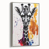 Framed wall art showcasing a silver-accented giraffe design in a side view, perfect for adding a touch of wildlife elegance to home decor. Ideal for animal lovers, this piece enhances living spaces with its artistic flair and vibrant colors.