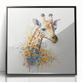 Framed acrylic wall art showcasing a striking giraffe design in vibrant colors, set against a sleek black border, ideal for enhancing modern decor.