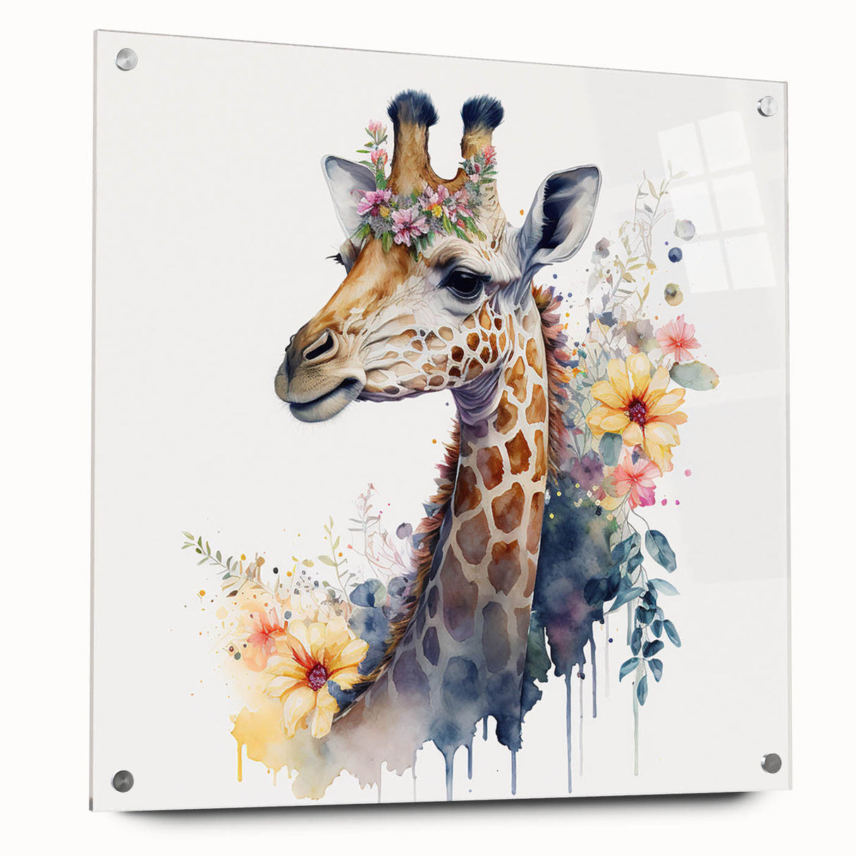 Side view of a giraffe design wall art piece, featuring vibrant colors and abstract patterns on acrylic glass, ideal for animal lovers and home decor enthusiasts.