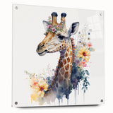 Side view of a giraffe design wall art piece, featuring vibrant colors and abstract patterns on acrylic glass, ideal for animal lovers and home decor enthusiasts.