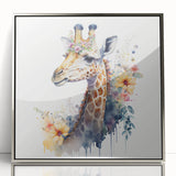 Framed acrylic wall art showcasing a striking design of a giraffe in a natural setting, featuring a sleek silver frame that enhances its vibrant colors and intricate details. Ideal for animal lovers and home decor enthusiasts seeking unique wildlife-inspired art.