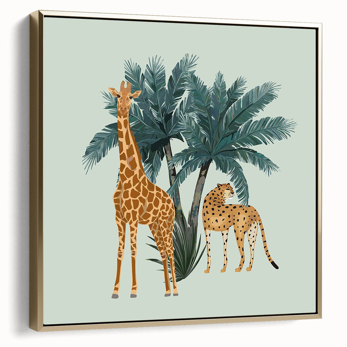 Framed wall art featuring a gold side view of a giraffe, showcasing intricate details and vibrant colors, perfect for animal lovers and home decor enthusiasts.
