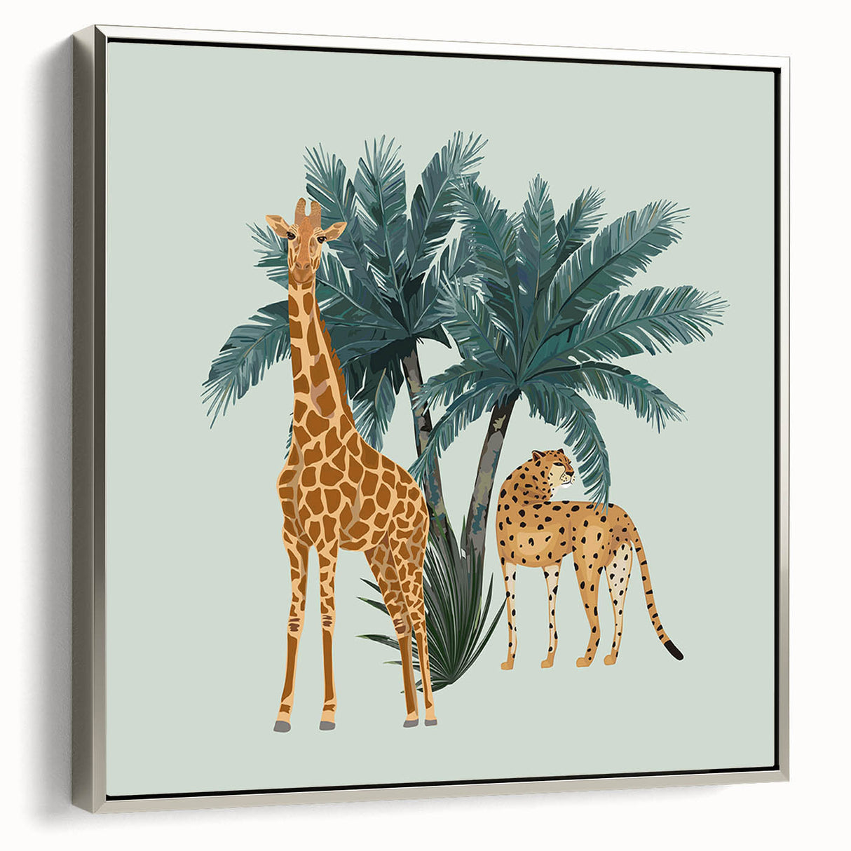 Framed canvas wall art featuring a striking silver side view of a giraffe, showcasing intricate details and vibrant colors, perfect for wildlife enthusiasts and modern decor.