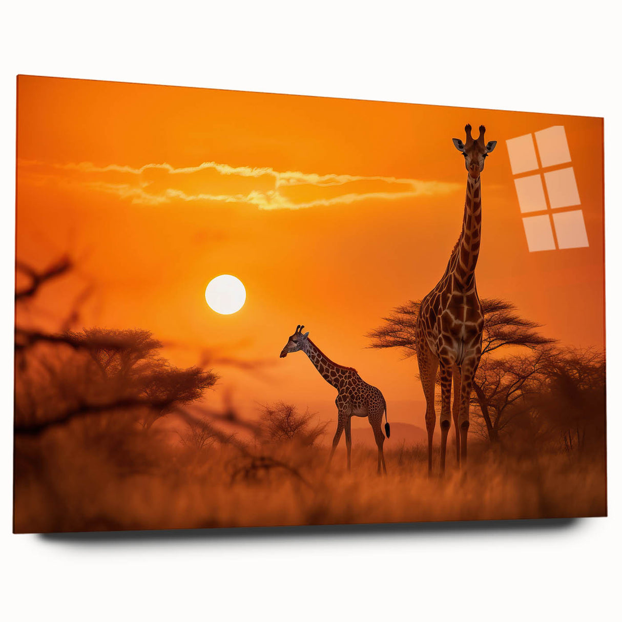 Acrylic glass wall art featuring a vibrant giraffe design in a side view, showcasing intricate details and bold colors, perfect for animal lovers and home decor.