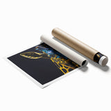 Rolled print of a vibrant giraffe design in a wild animal theme, showcasing intricate details and bright colors, ideal for home decor or wildlife enthusiasts.