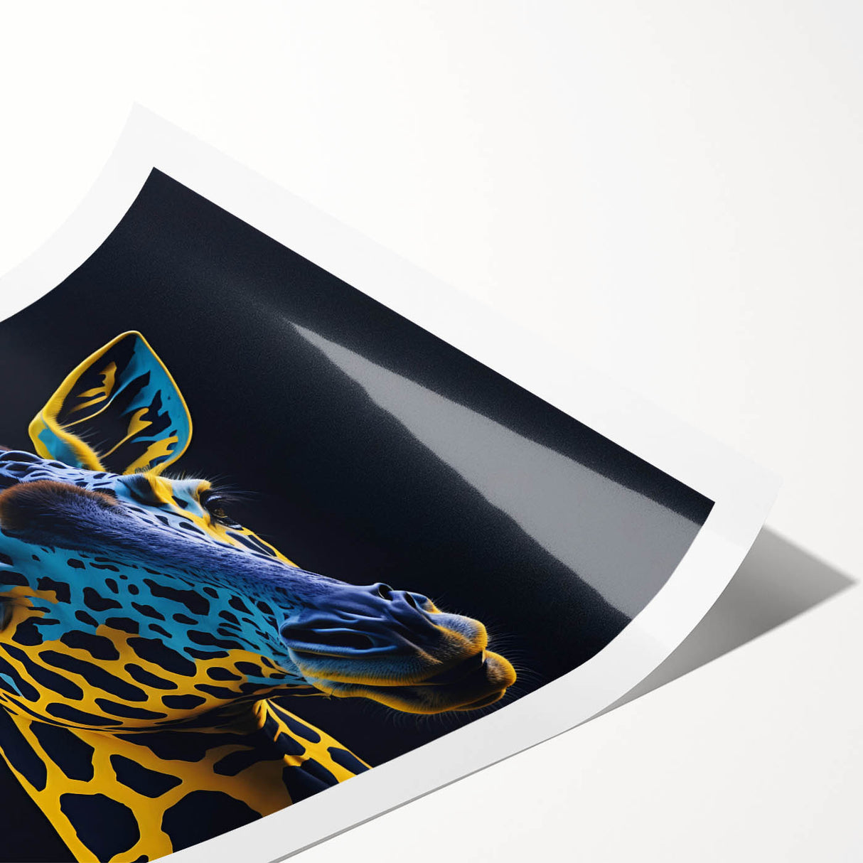Giraffe wall art design showcasing a vibrant, colorful illustration of a giraffe in a natural setting, perfect for animal lovers and home decor enthusiasts.