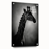 Side view of a giraffe wall art design on acrylic glass, showcasing vibrant colors and intricate details, ideal for modern wildlife decor in any space.