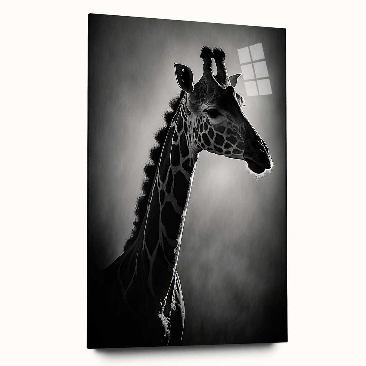 Side view of a giraffe wall art piece on acrylic glass, showcasing vibrant colors and intricate details, perfect for animal lovers and modern decor. This striking design captures the elegance of wildlife in a contemporary style, ideal for enhancing home or office interiors.