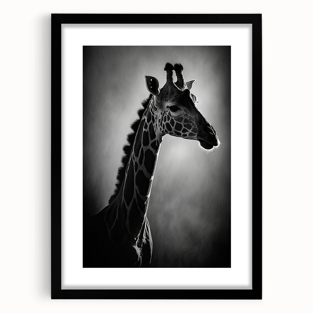 Giraffe-themed wall art design featuring a striking black frame and mat, showcasing vibrant colors and intricate details, perfect for animal lovers and home decor enthusiasts.