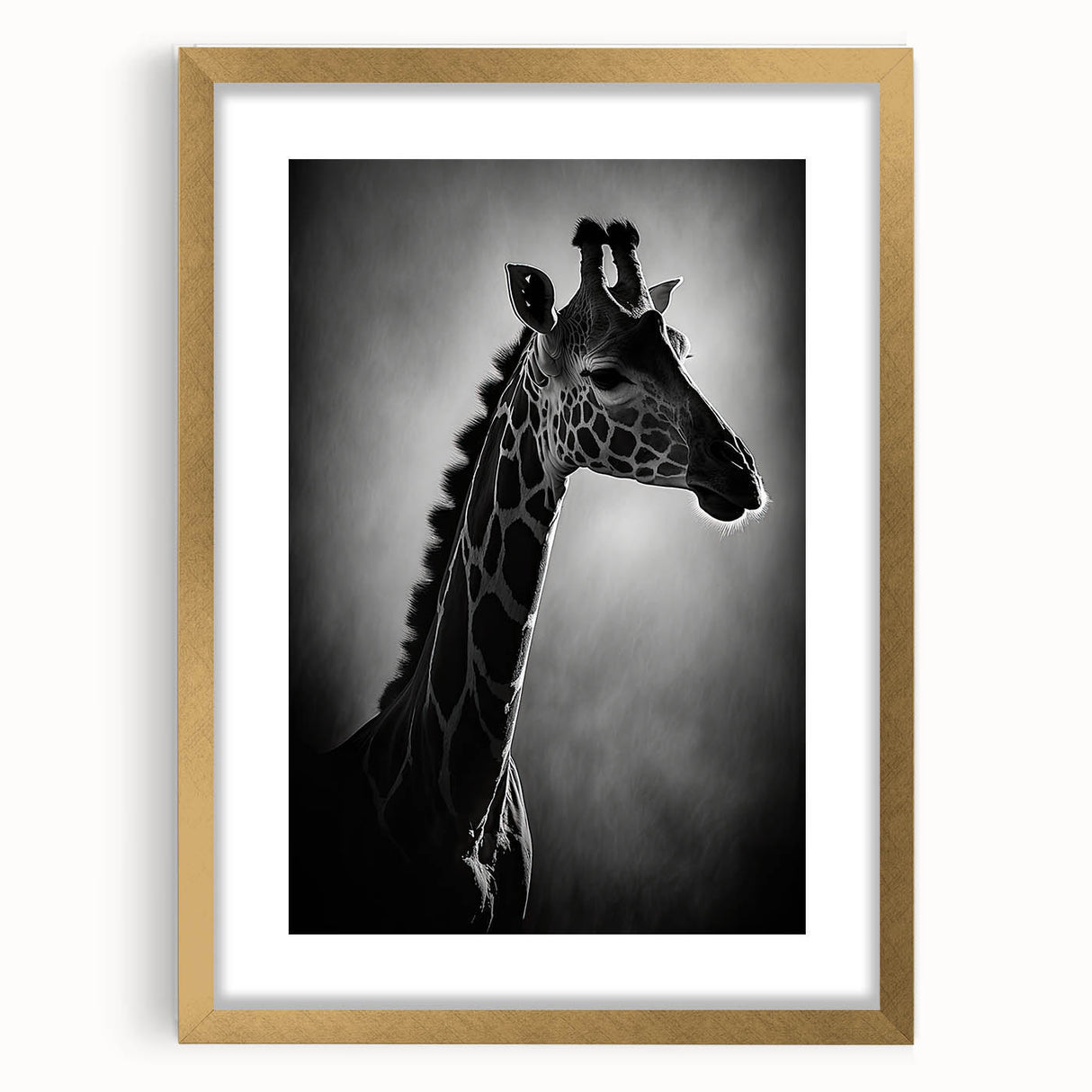 Giraffe wall art design featuring a vibrant gold frame and mat, showcasing a stunning illustration of a giraffe against a neutral background, perfect for wildlife enthusiasts.