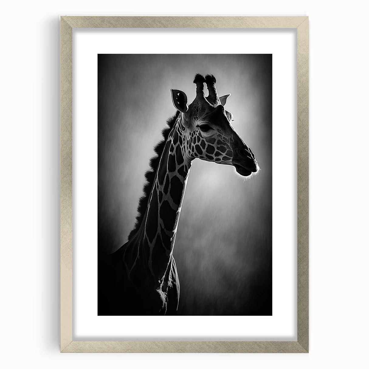 Giraffe wall art design in a sleek silver frame, showcasing a stunning wildlife illustration with a mat, perfect for enhancing home decor. Ideal for animal lovers.