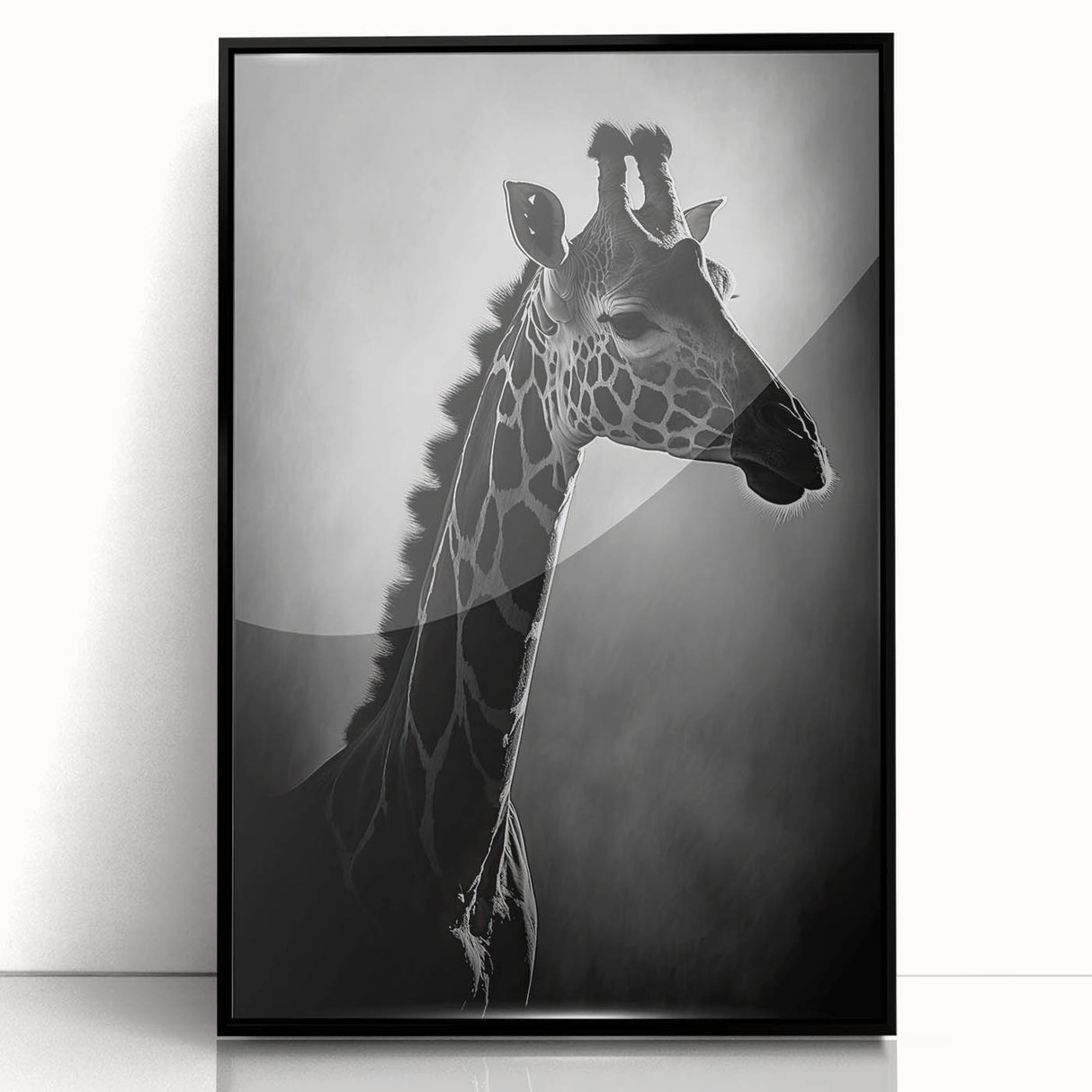 Framed acrylic wall art featuring a striking giraffe design in a modern black frame, showcasing vibrant colors and intricate details, perfect for wildlife enthusiasts.