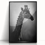 Framed acrylic wall art featuring a striking giraffe design in a modern black frame, showcasing vibrant colors and intricate details, perfect for wildlife enthusiasts.
