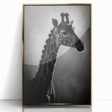 Framed acrylic wall art featuring a striking front view of a giraffe, highlighted with gold accents, perfect for enhancing modern interior decor with a touch of wildlife elegance.