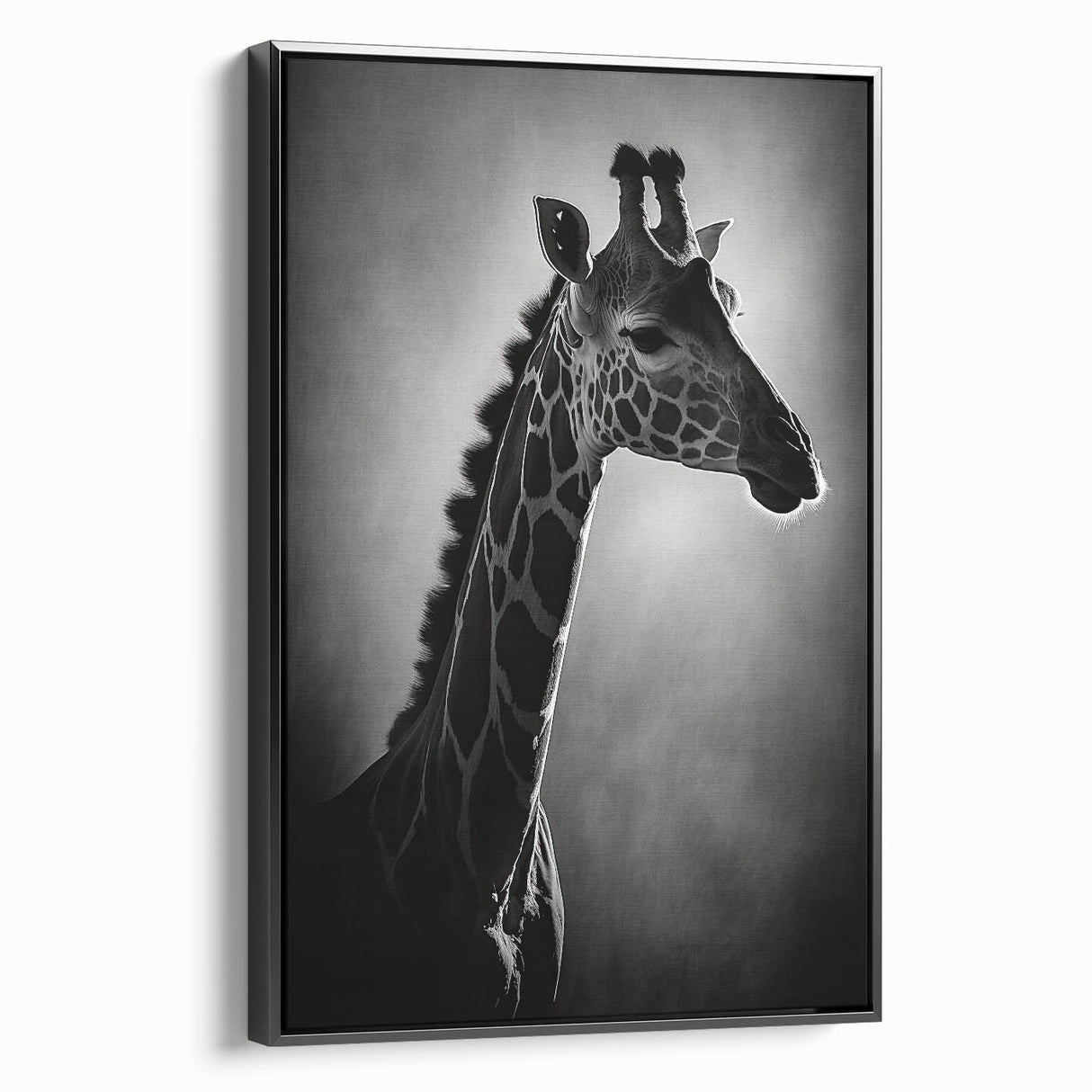 Framed canvas wall art showcasing a sleek black side view of a giraffe, beautifully designed for animal lovers and modern decor enthusiasts, adding elegance to any space.