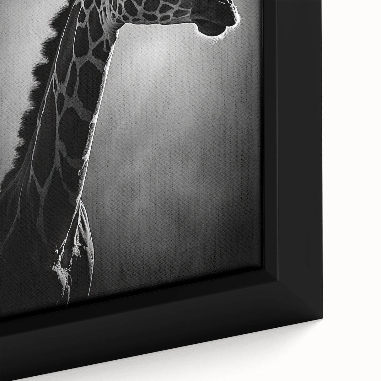 Close-up of a beautifully framed giraffe wall art piece, showcasing intricate details of the animal's unique patterns and textures against a vibrant background, ideal for wildlife enthusiasts and home decor.