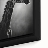 Close-up of a beautifully framed giraffe wall art piece, showcasing intricate details of the animal's unique patterns and textures against a vibrant background, ideal for wildlife enthusiasts and home decor.