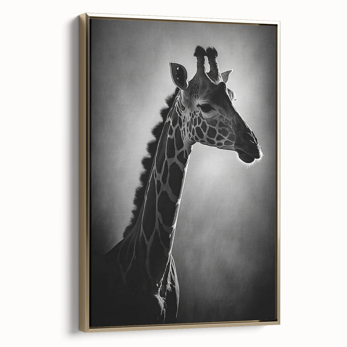Framed wall art featuring a side view of a giraffe's head, elegantly designed with a gold accent, perfect for adding a touch of wildlife sophistication to any space.